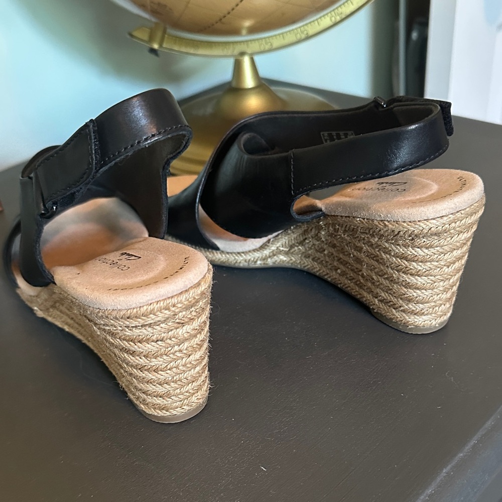 Clarks Black Leather Wedges with Tan Woven Heel - Picture 4 of 5